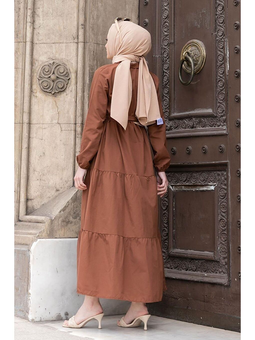 Kahverengi Yarım Düğme Detaylı Terikoton Elbise Çikolata Kahve-2