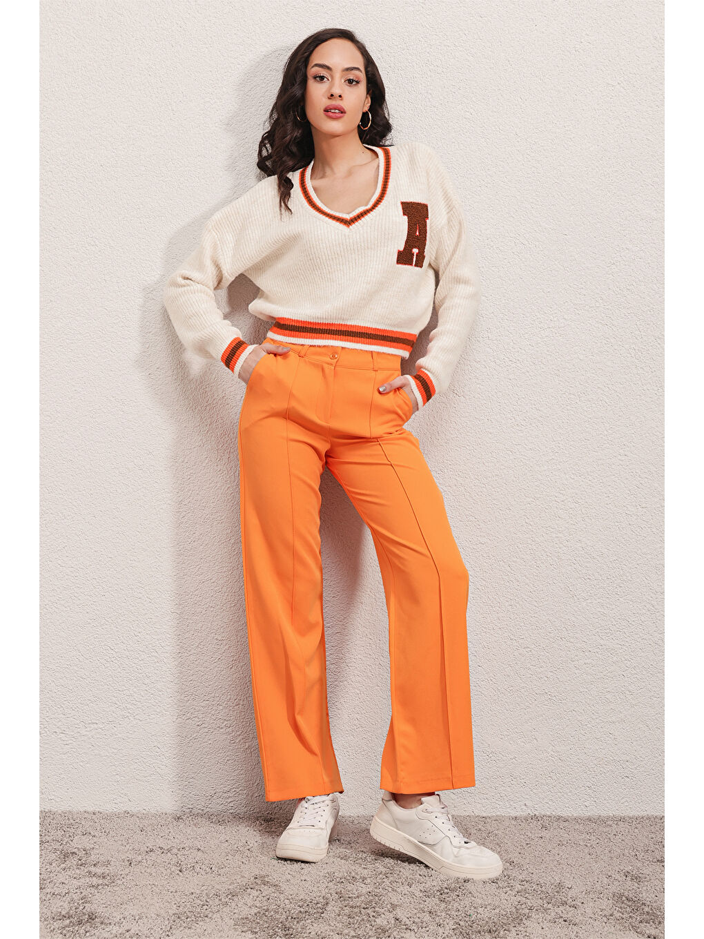 6542 Yüksek Bel Kumaş Pantolon - Turuncu-4