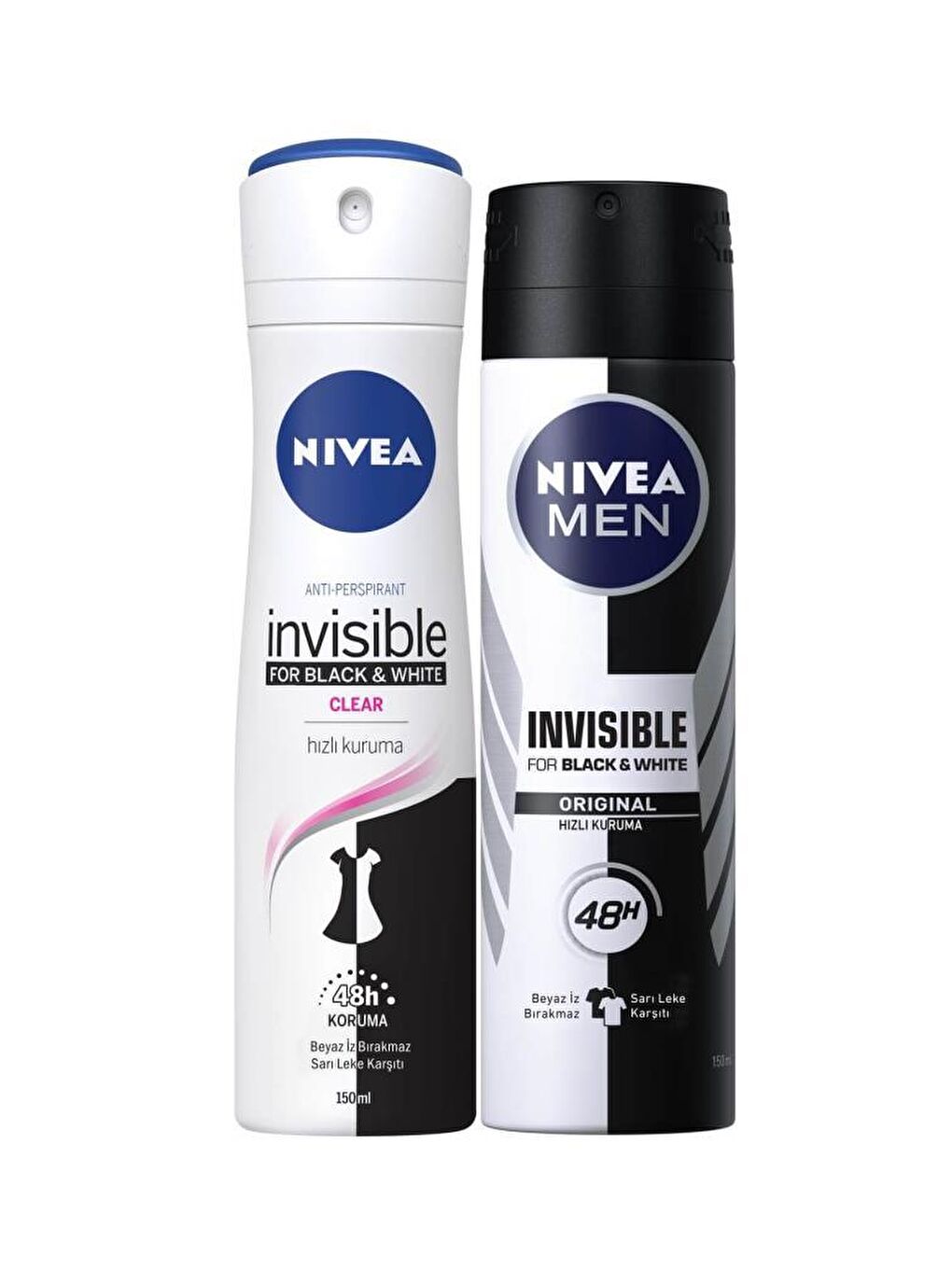 NIVEA Şeffaf Black&White Clear Kadın Deodorant, Black&White Original Erkek Deodorant 150 ml 2'li Paket