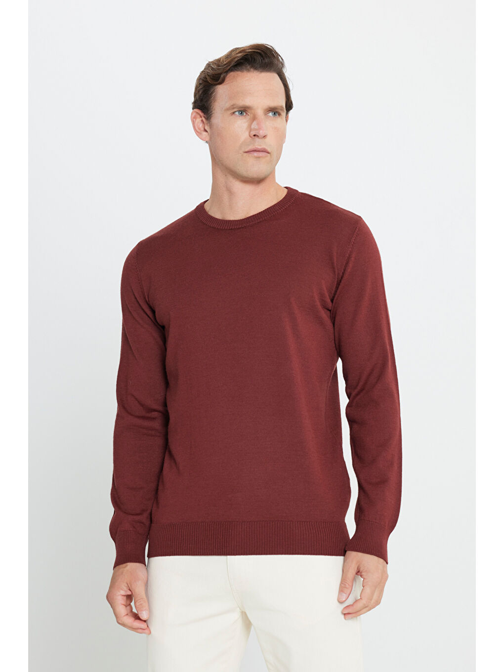 Kahverengi Erkek Kiremit Standart Fit Normal Kesim Bisiklet Yaka Yünlü Rahat Triko Kazak