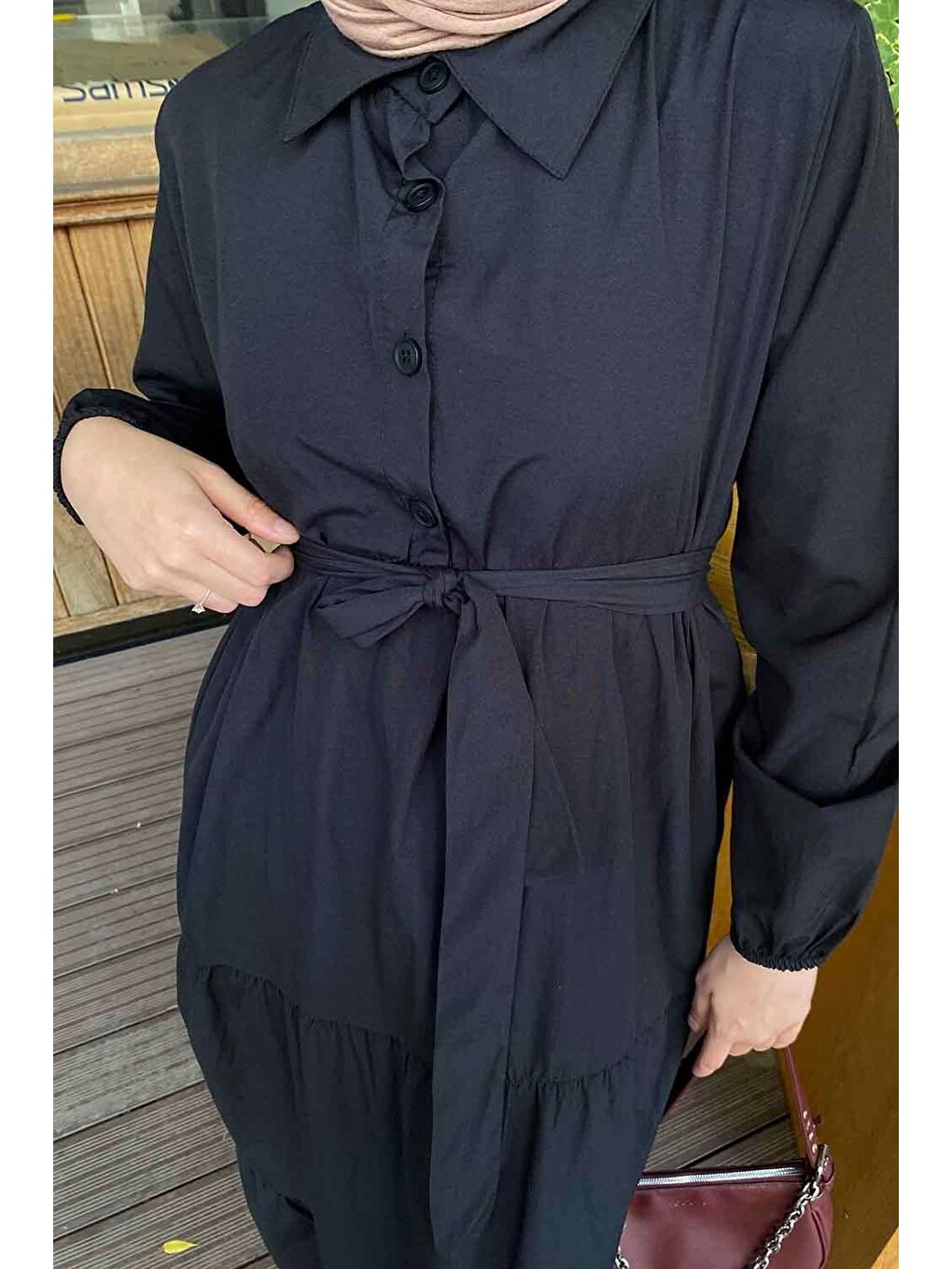 Yarım Düğme Detaylı Terikoton Elbise Siyah-2