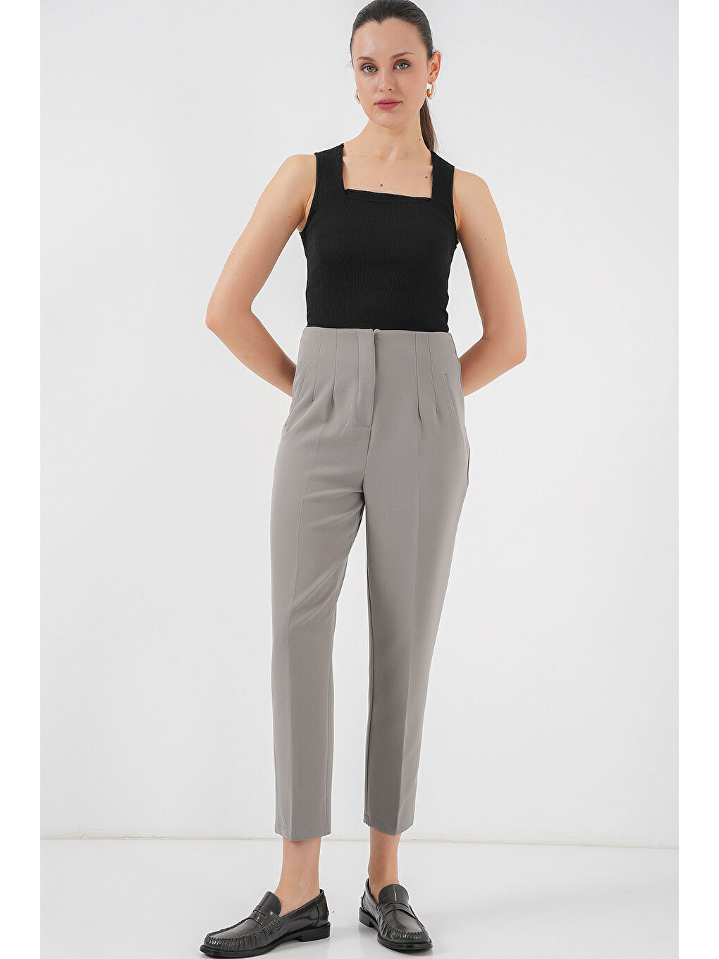 6650 Yüksek Bel Kumaş Pantolon - Gri-2
