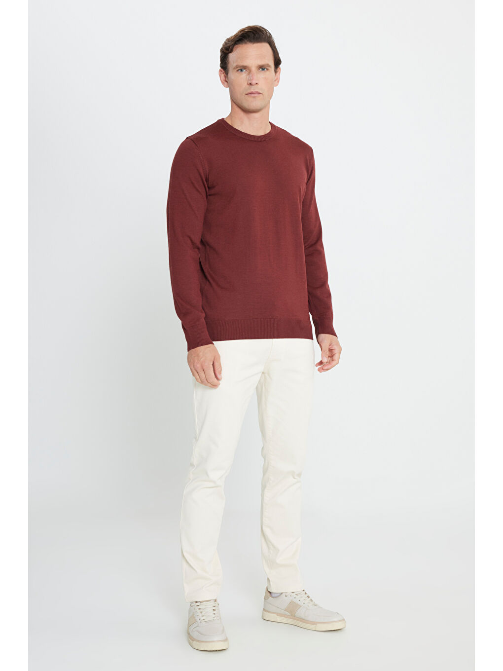 Kahverengi Erkek Kiremit Standart Fit Normal Kesim Bisiklet Yaka Yünlü Rahat Triko Kazak-1