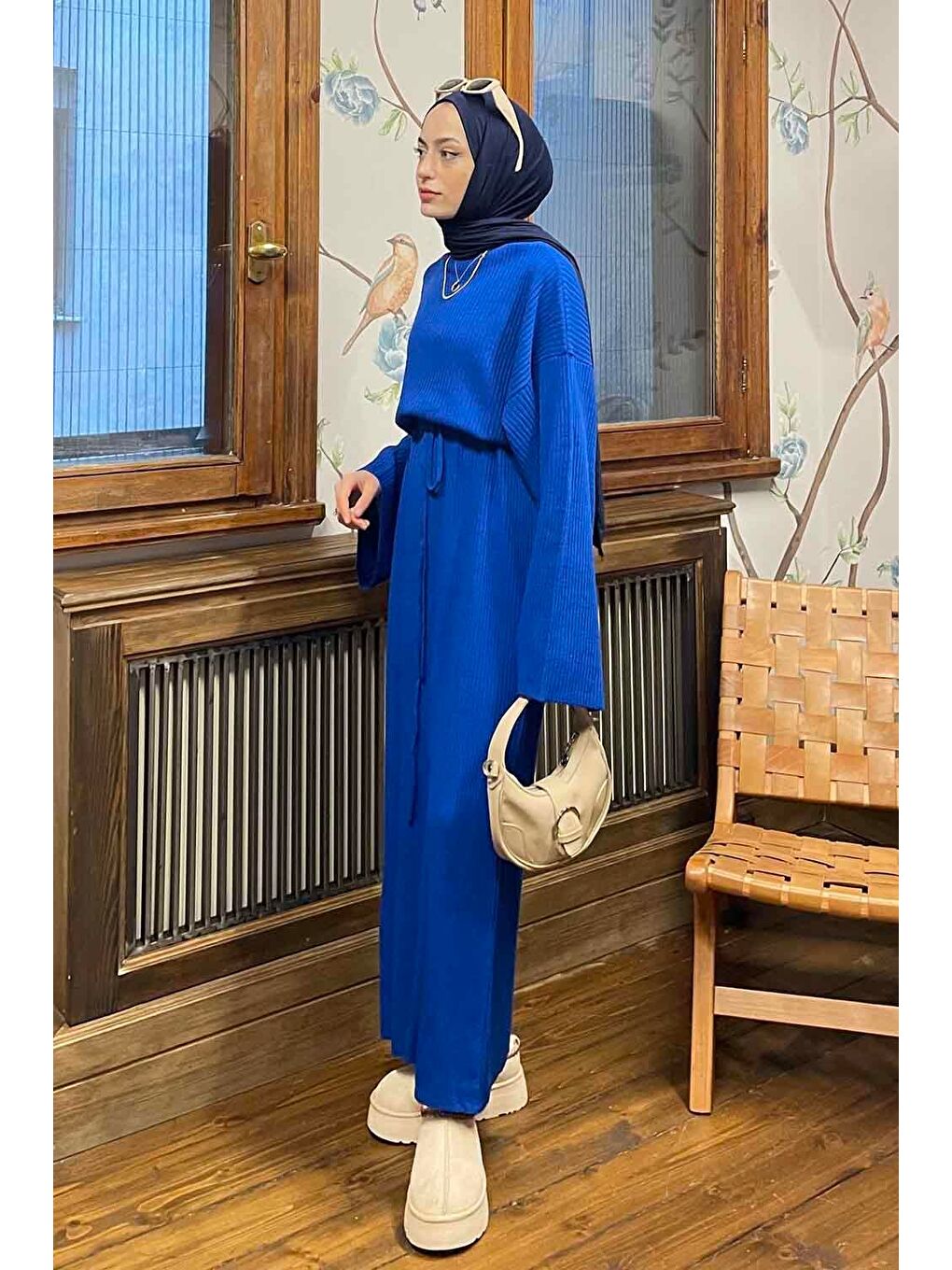 Yarasa Kol Triko Elbise Saks Mavisi-1