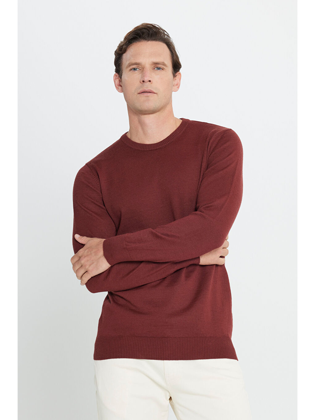 Kahverengi Erkek Kiremit Standart Fit Normal Kesim Bisiklet Yaka Yünlü Rahat Triko Kazak-2