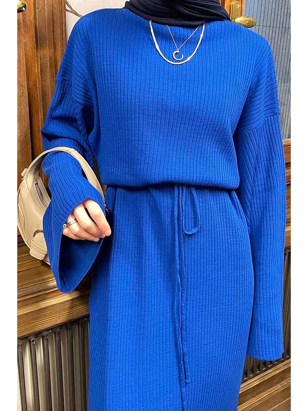 Yarasa Kol Triko Elbise Saks Mavisi-2