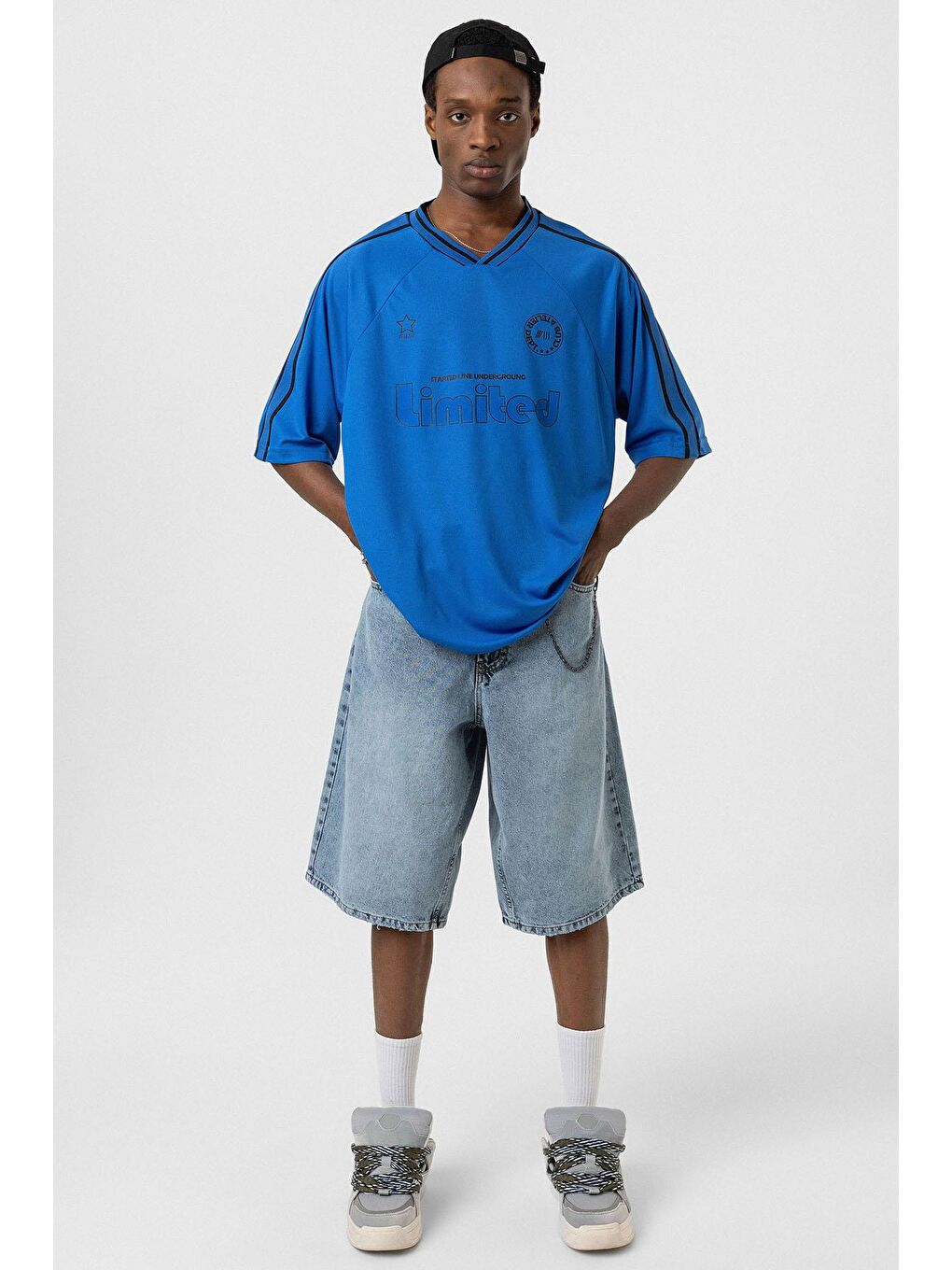 Mavi Baskılı Oversize Forma Tişört Saks