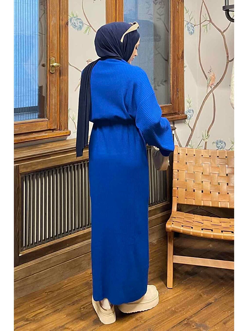 Yarasa Kol Triko Elbise Saks Mavisi-3