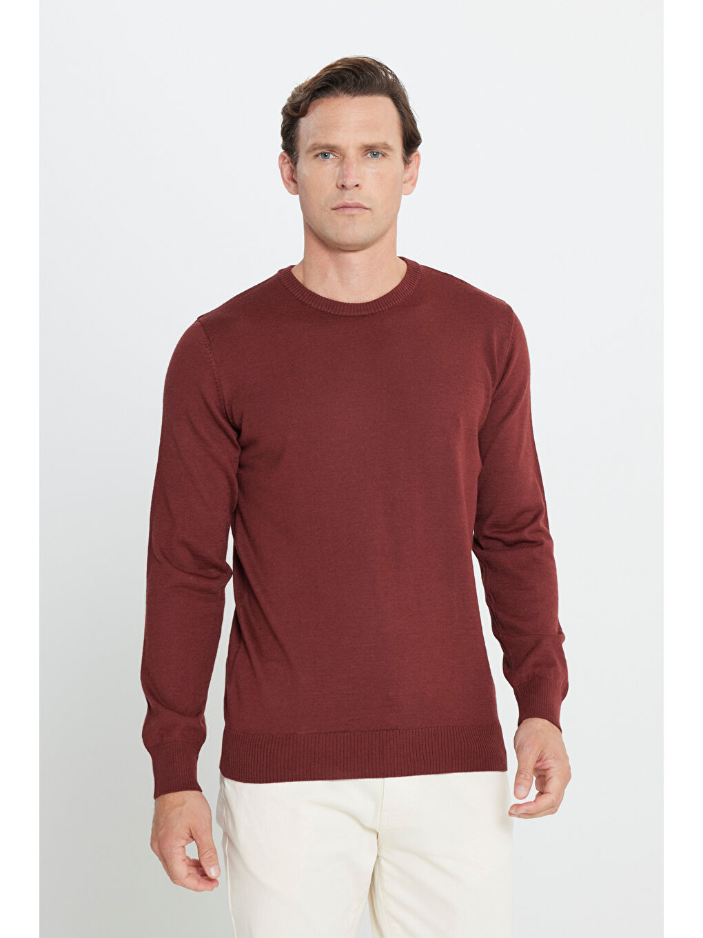 Kahverengi Erkek Kiremit Standart Fit Normal Kesim Bisiklet Yaka Yünlü Rahat Triko Kazak-3