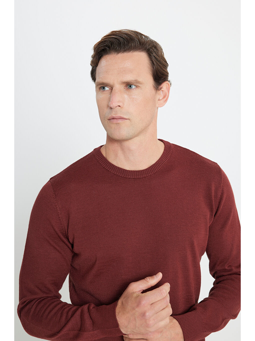 Kahverengi Erkek Kiremit Standart Fit Normal Kesim Bisiklet Yaka Yünlü Rahat Triko Kazak-4