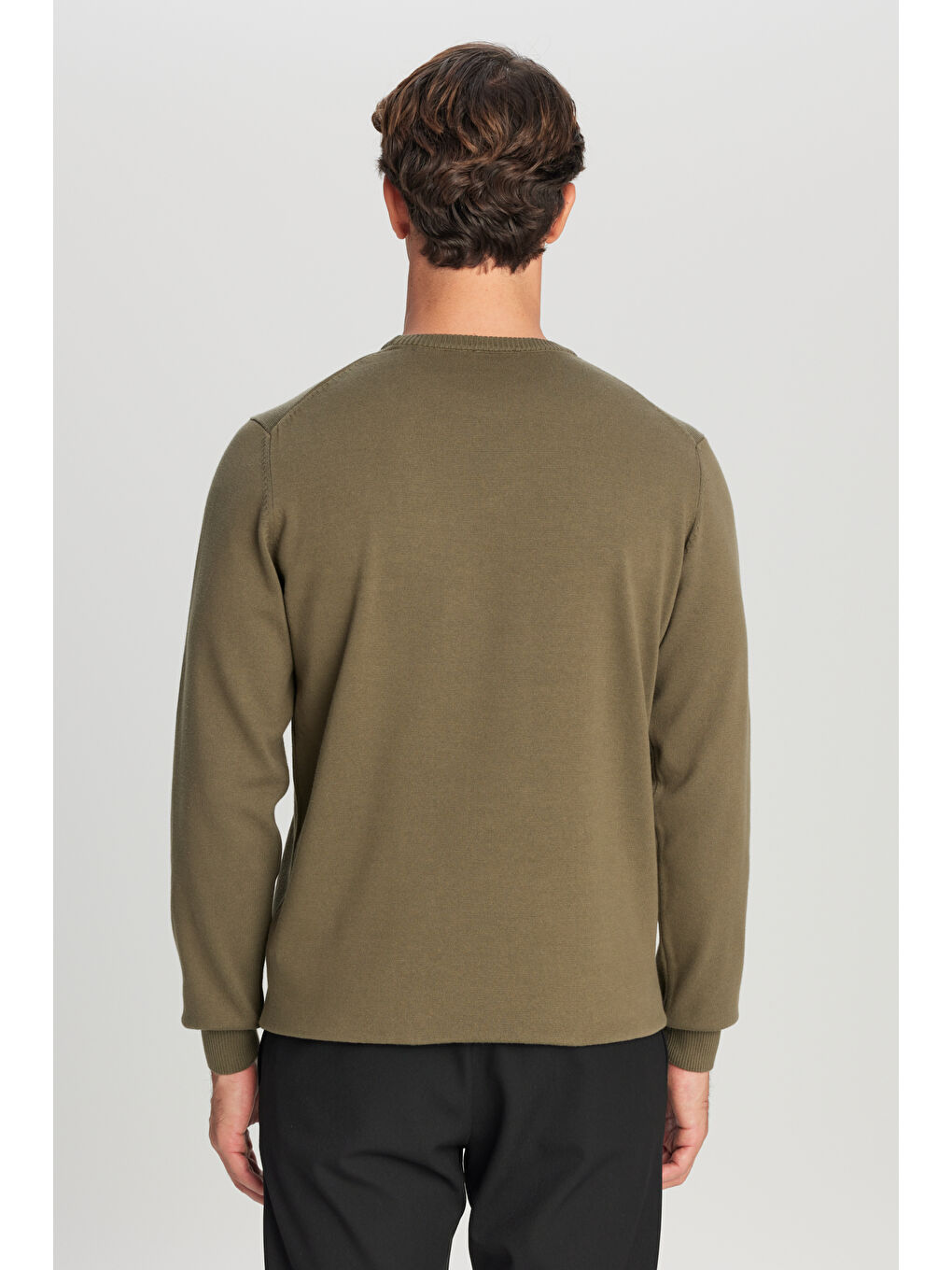 Erkek Haki Pamuklu Standart Fit Normal Kesim Bisiklet Yaka Triko Kazak-4