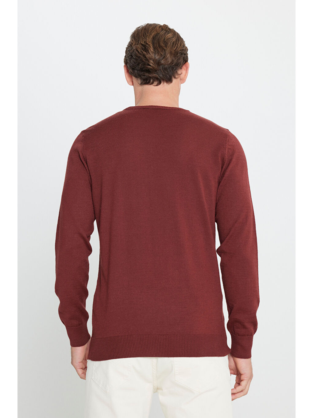 Kahverengi Erkek Kiremit Standart Fit Normal Kesim Bisiklet Yaka Yünlü Rahat Triko Kazak-5