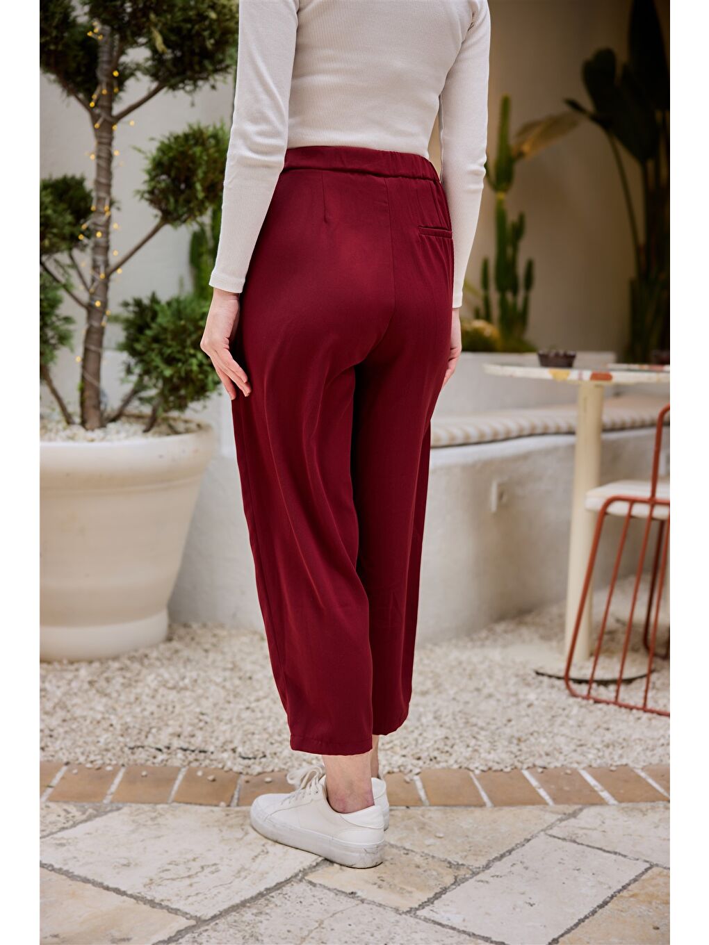 Kadın Beli Lastikli  Havuç Pantolon Bordo-2