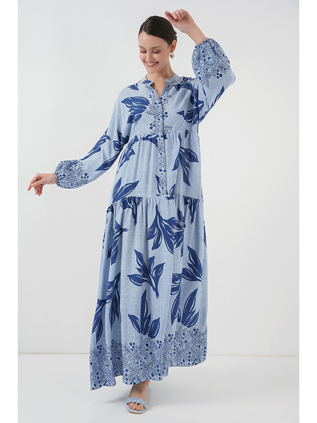 2423 Otantik Desenli Tesettür Elbise - Mavi - Lacivert-2