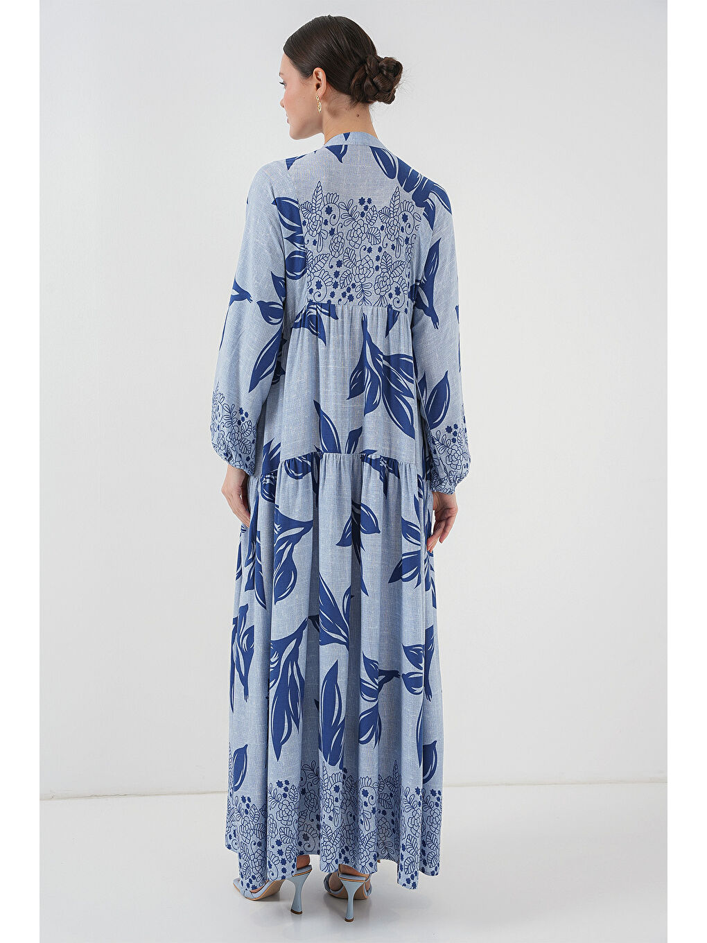 2423 Otantik Desenli Tesettür Elbise - Mavi - Lacivert-5