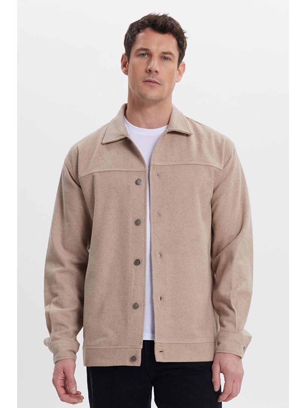 Bej Erkek Relax Fit Rahat Kesim Yandan Flota Cep Oduncu Taş Kaşe Ceket Mont Gömlek