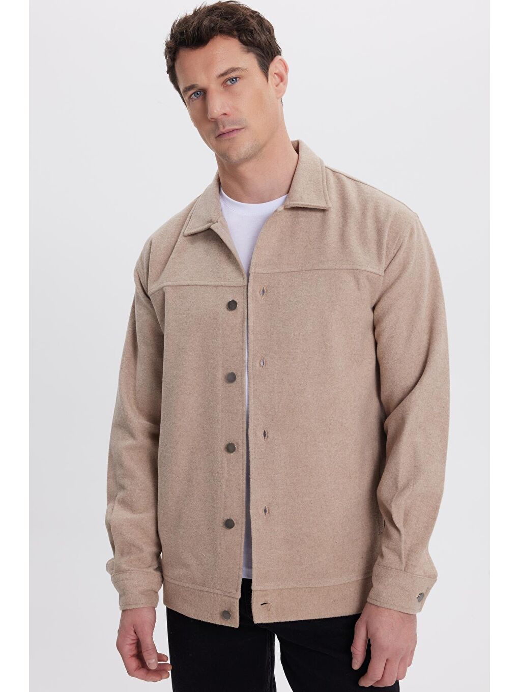 Bej Erkek Relax Fit Rahat Kesim Yandan Flota Cep Oduncu Taş Kaşe Ceket Mont Gömlek-1