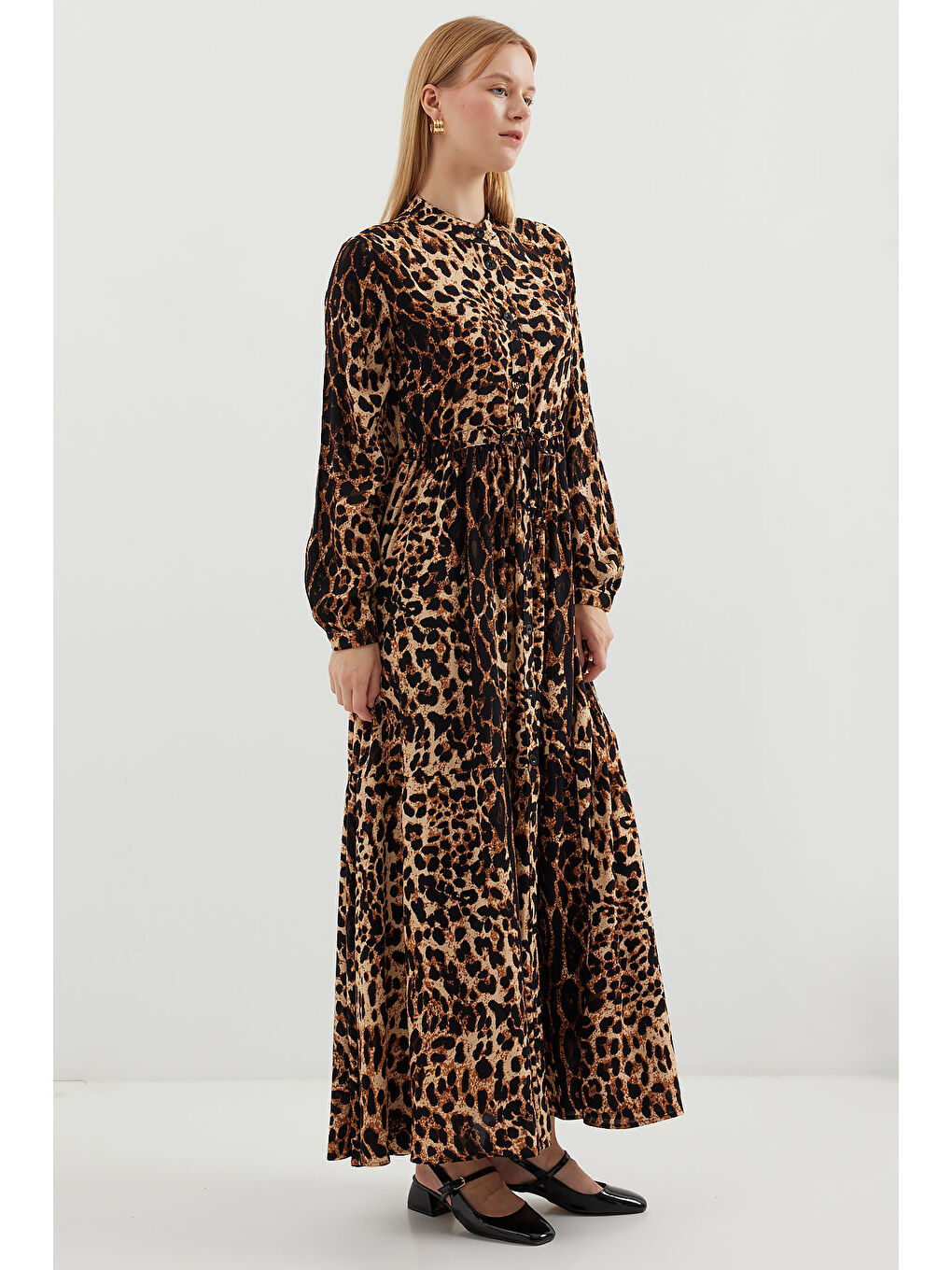 Kahverengi 2144 Hakim Yaka Tesettür Elbise - A.Kahve-1