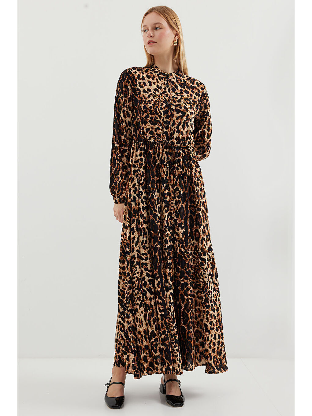 Kahverengi 2144 Hakim Yaka Tesettür Elbise - A.Kahve-2