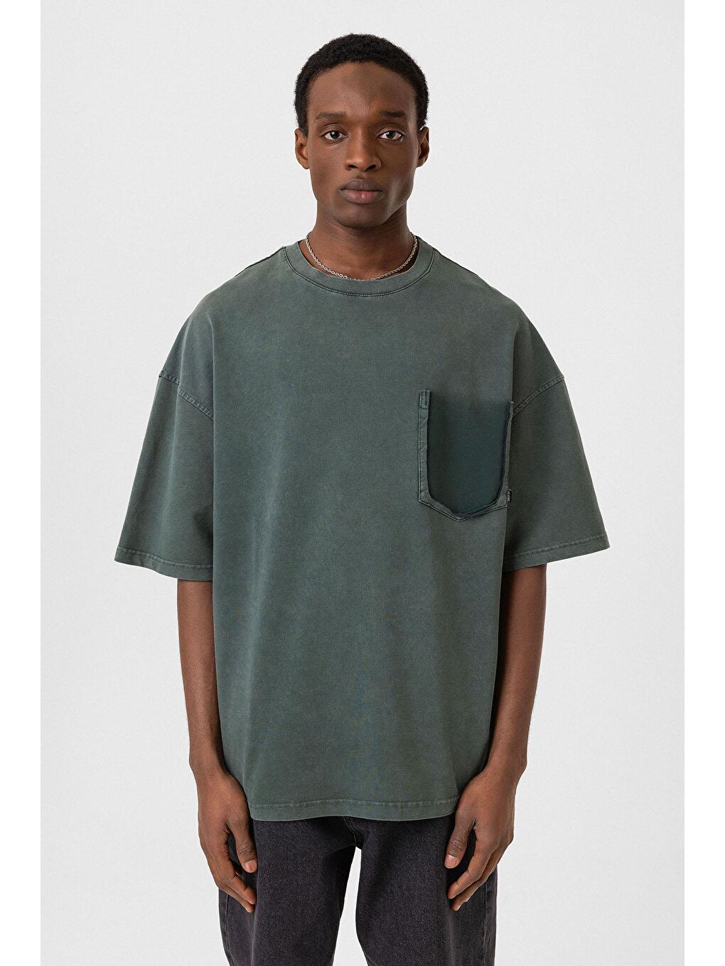 Yıkamalı Cep Detaylı Oversize Tişört Yeşil-2