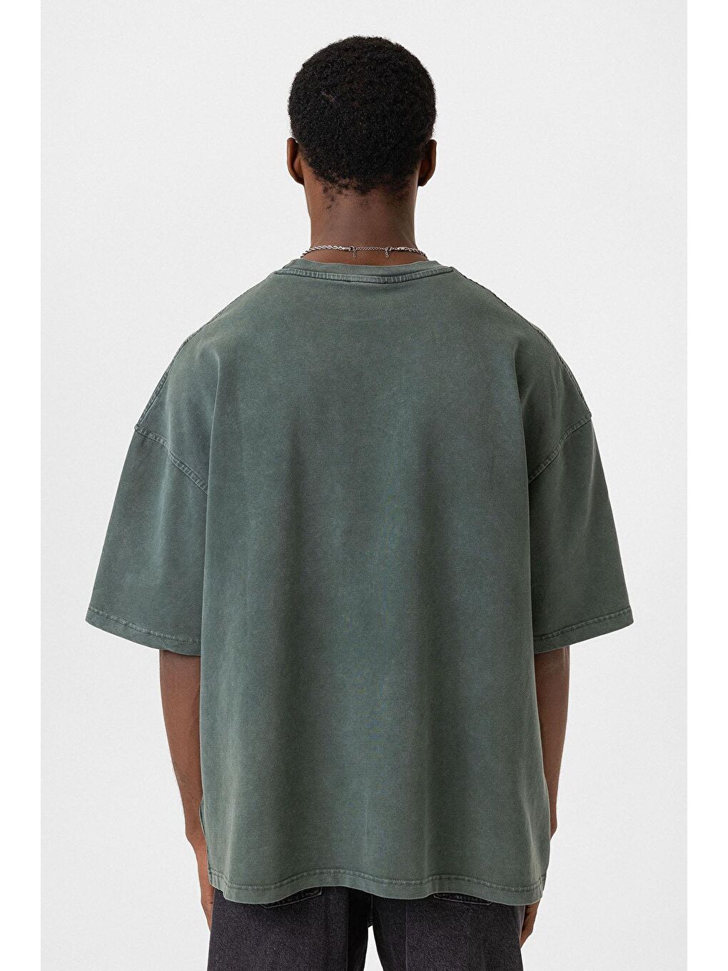Yıkamalı Cep Detaylı Oversize Tişört Yeşil-4
