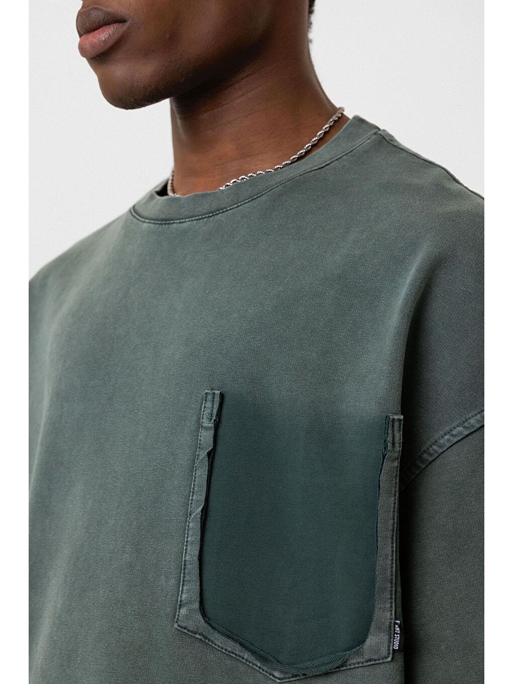 Yıkamalı Cep Detaylı Oversize Tişört Yeşil-5