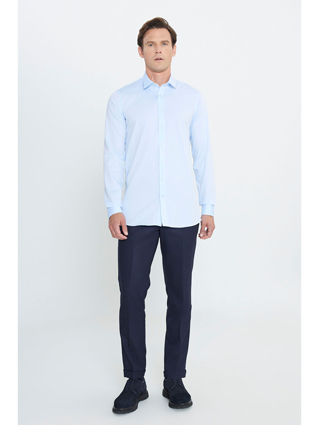 Erkek Açık Mavi Ütü Gerektirmeyen Ekstra Slim Fit Dar Kesim Klasik Yaka %100 Pamuk Non-Iron Gömlek-1
