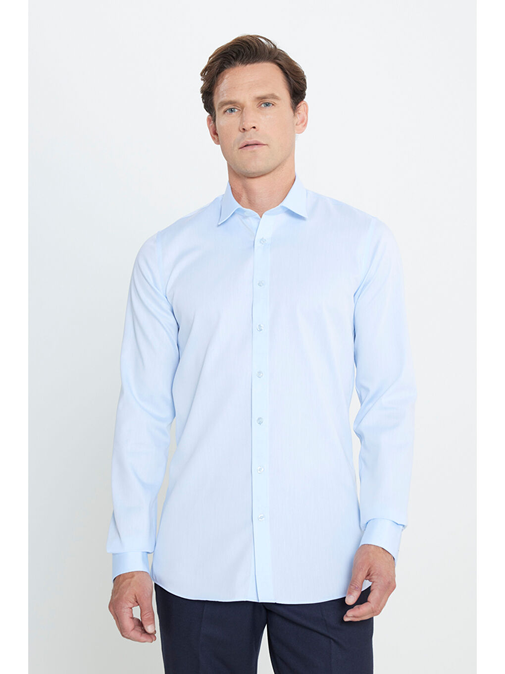 Erkek Açık Mavi Ütü Gerektirmeyen Ekstra Slim Fit Dar Kesim Klasik Yaka %100 Pamuk Non-Iron Gömlek-2