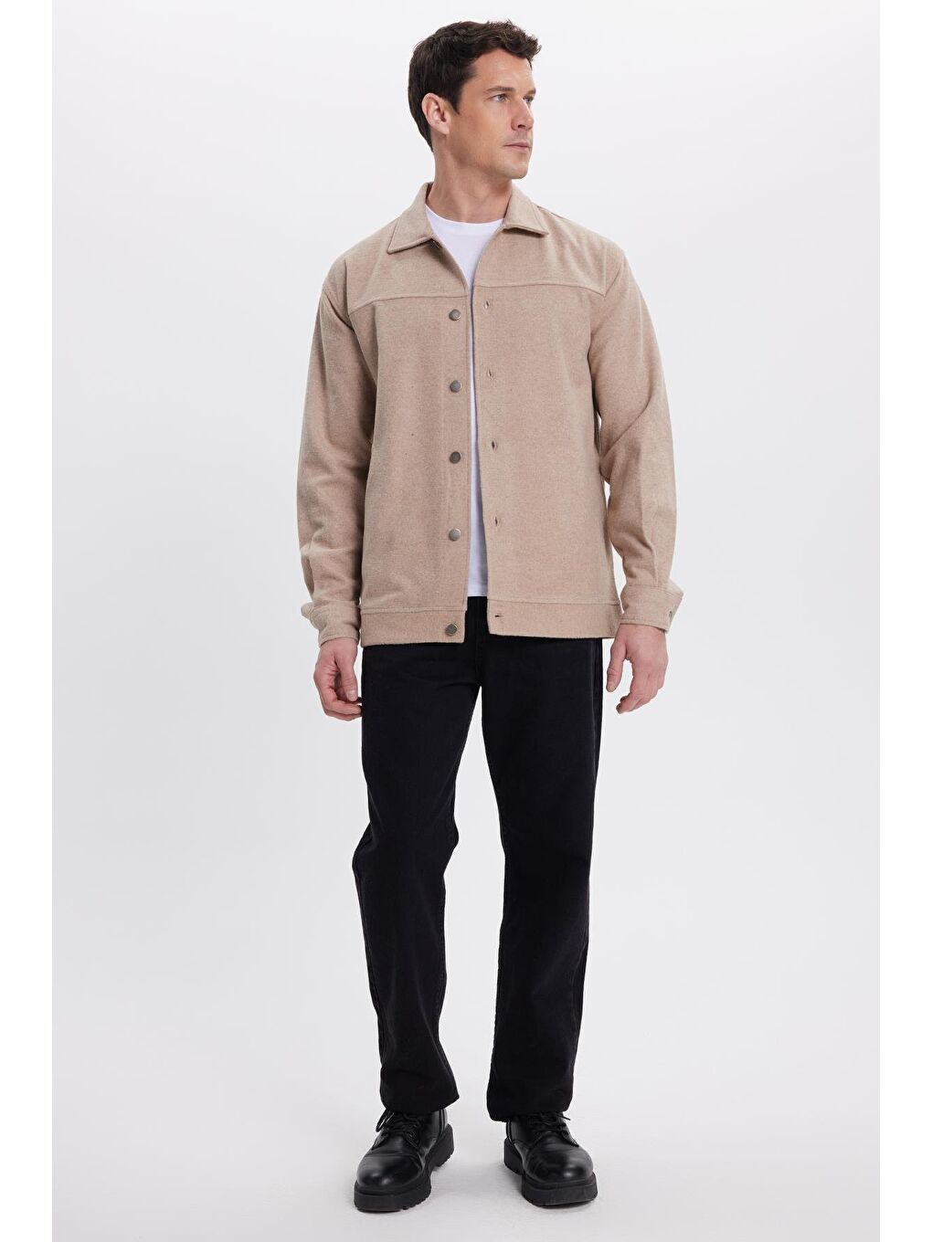 Bej Erkek Relax Fit Rahat Kesim Yandan Flota Cep Oduncu Taş Kaşe Ceket Mont Gömlek-3