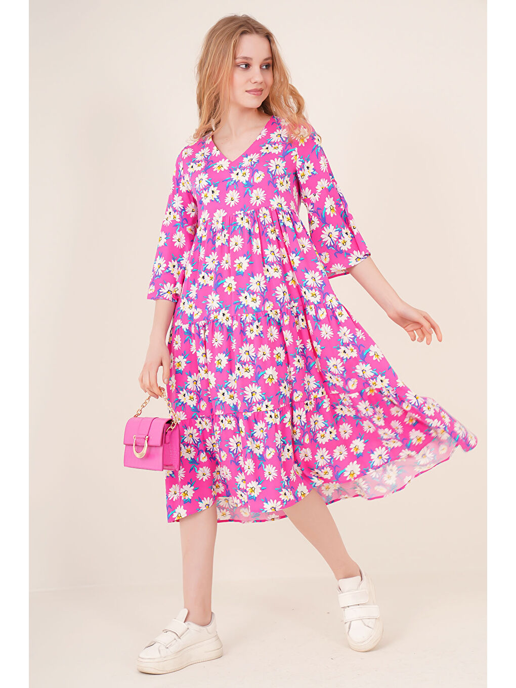 1959 Desenli Viskon Elbise - Fuşya-1