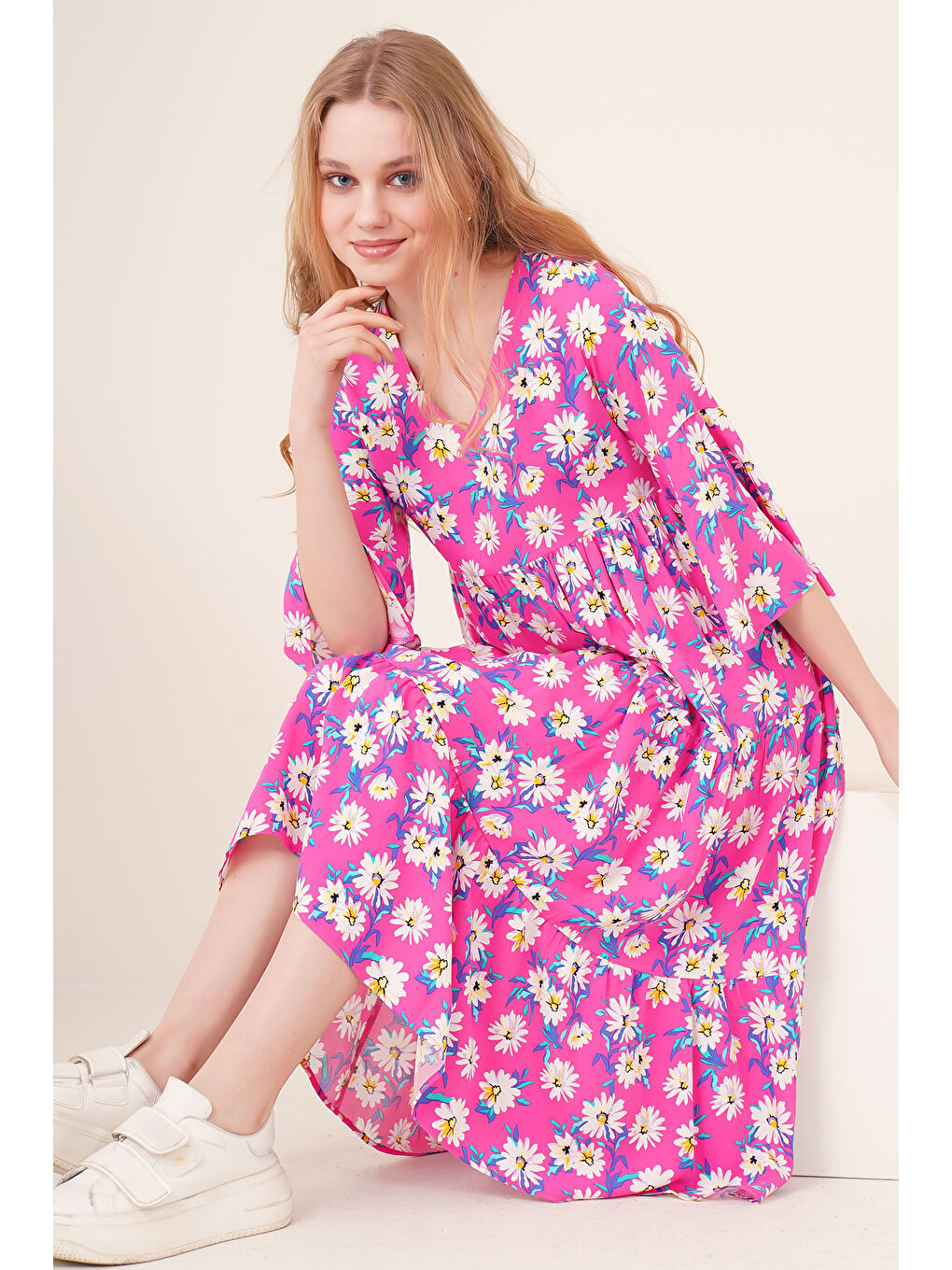 1959 Desenli Viskon Elbise - Fuşya-2