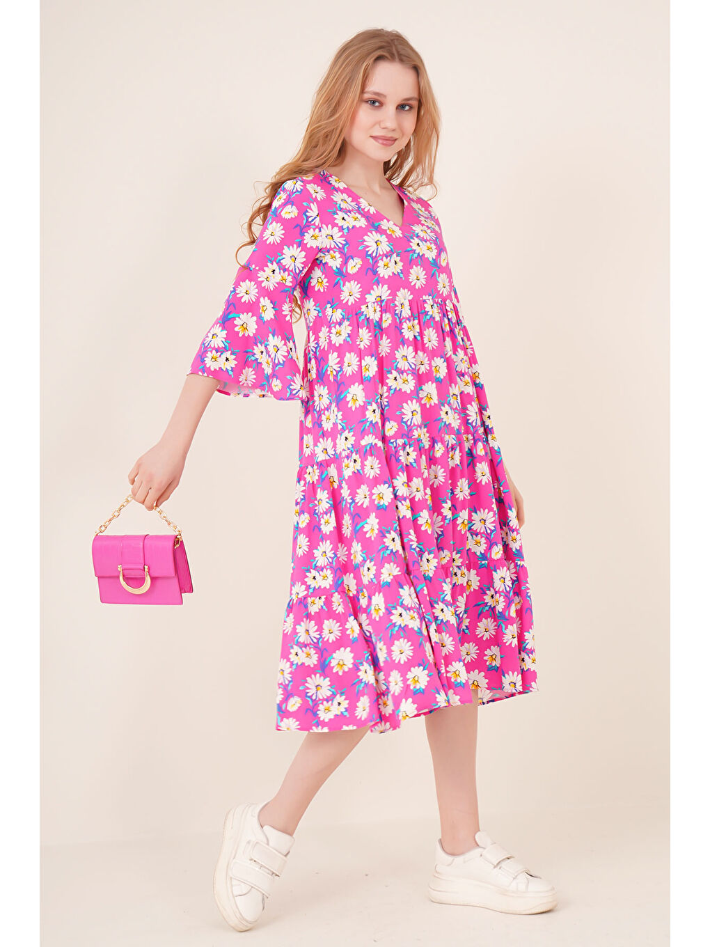 1959 Desenli Viskon Elbise - Fuşya-3