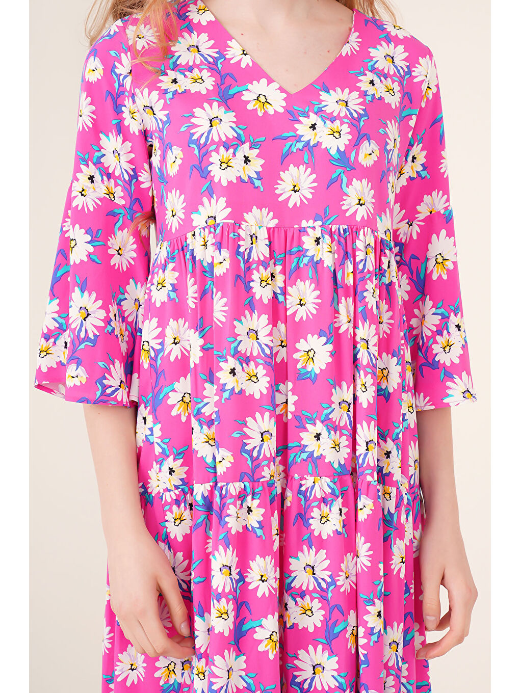 1959 Desenli Viskon Elbise - Fuşya-4