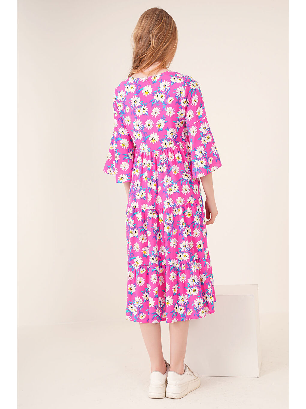 1959 Desenli Viskon Elbise - Fuşya-5