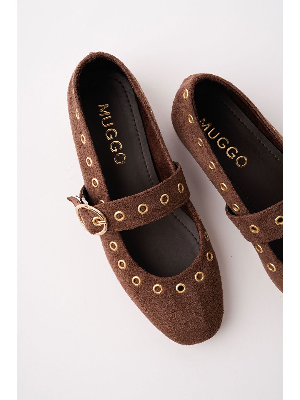 Kahverengi ZENA Gold Tokalı Zımbalı Deri Kadın Babet Ayakkabı-2