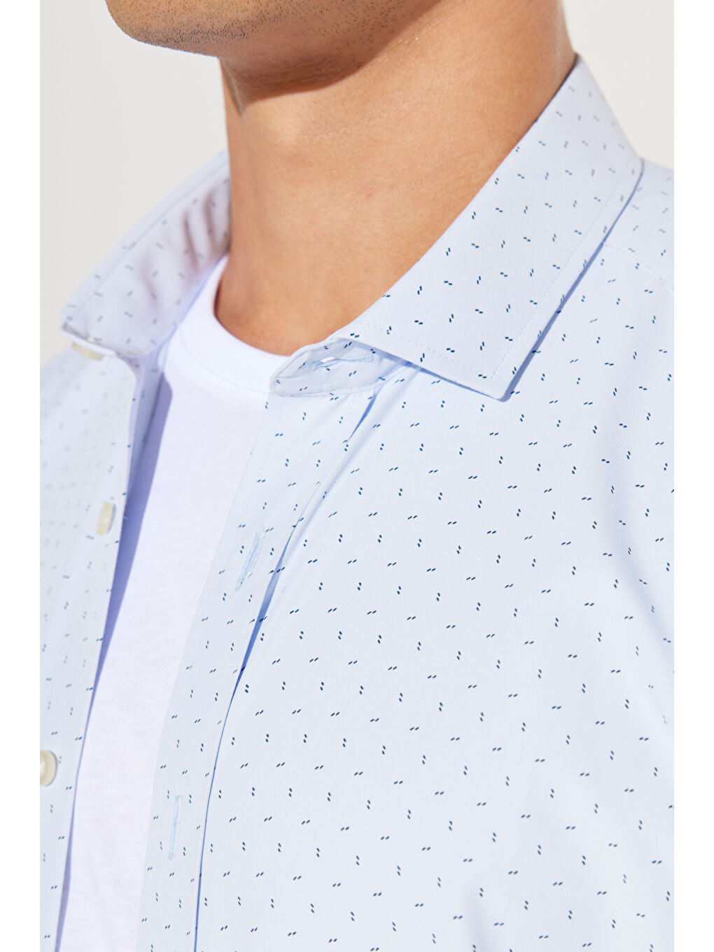 Erkek Mavi-Lacivert Slim Fit Dar Kesim İtalyan Yaka Baskılı Gömlek-2