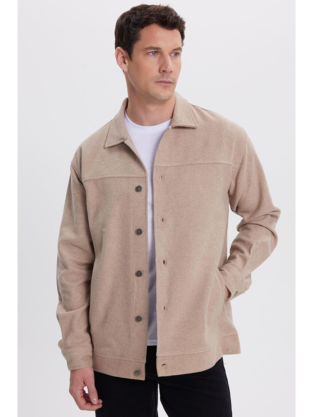 Bej Erkek Relax Fit Rahat Kesim Yandan Flota Cep Oduncu Taş Kaşe Ceket Mont Gömlek-4