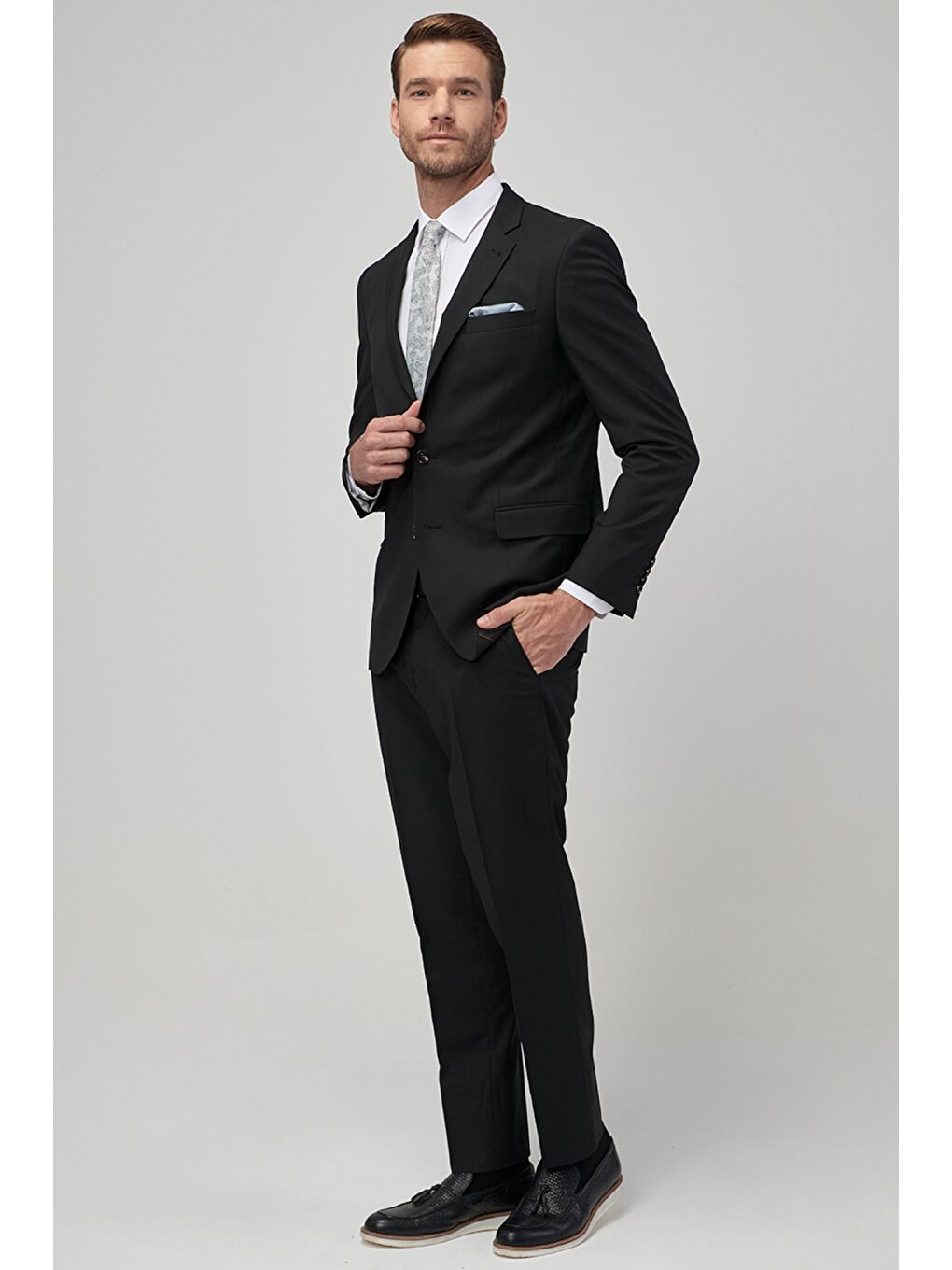 Erkek Siyah Su Geçirmez Regular Fit Geniş Kesim Mono Yaka Yünlü Nano Takım Elbise