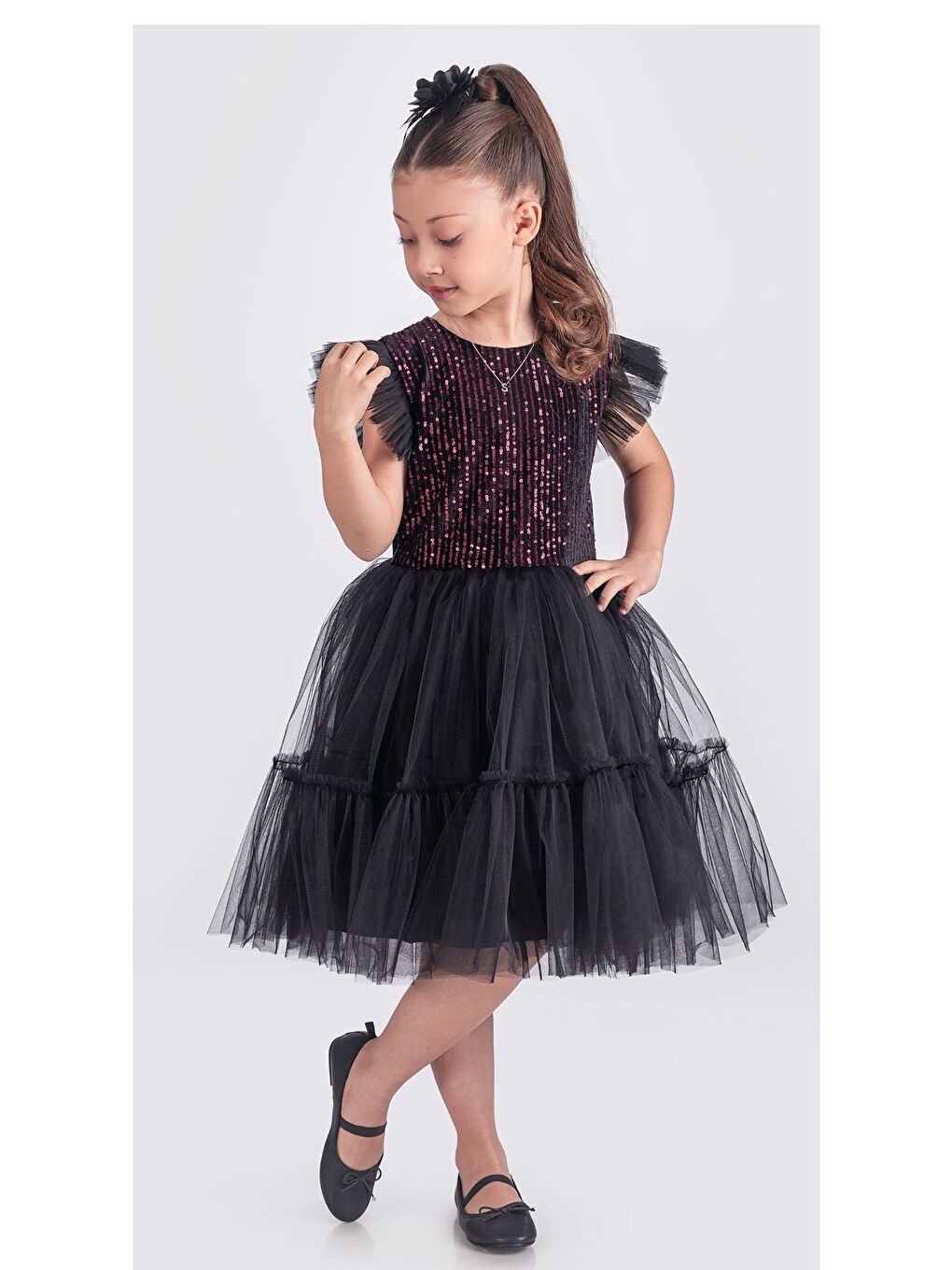 Siyah Pul Payet Katkat Tütü Etekli Kız Çocuk Elbise M00722