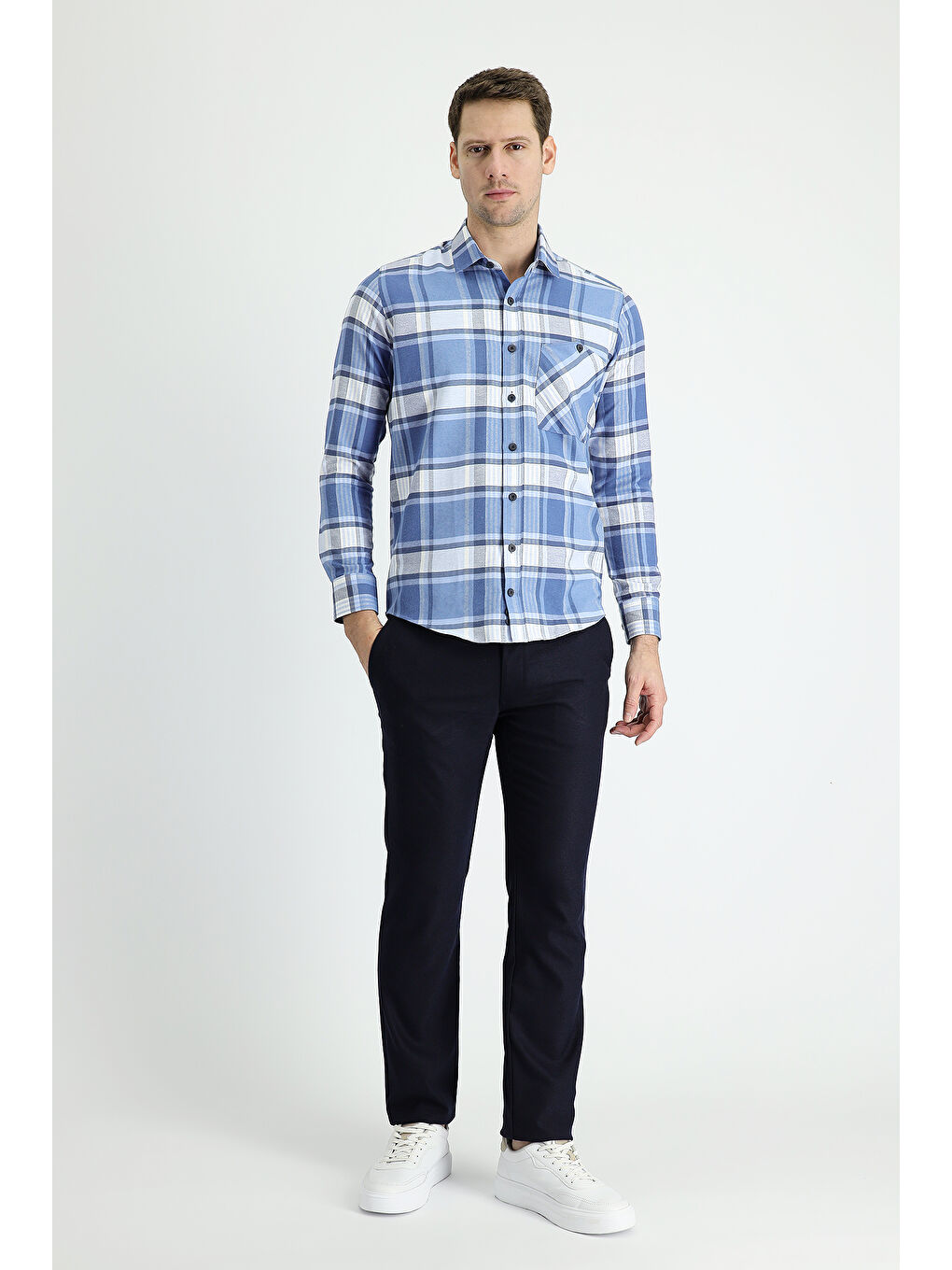 Lacivert Slim Fit Dar Kesim Elastanlı Kuşgözü Tokalı Klasik Kumaş Pantolon