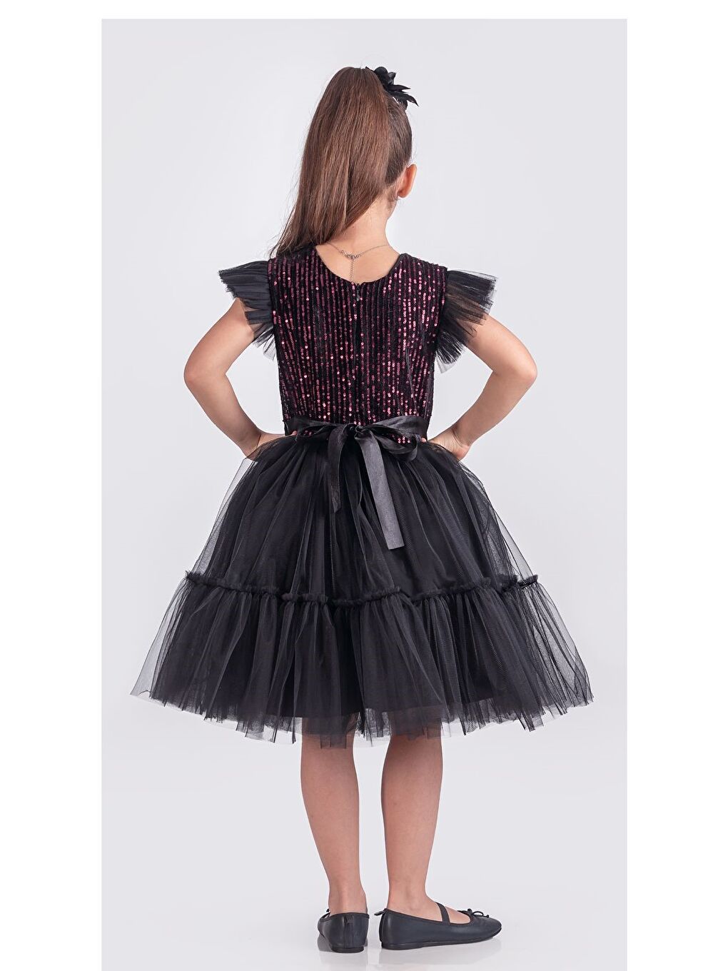 Siyah Pul Payet Katkat Tütü Etekli Kız Çocuk Elbise M00722-8
