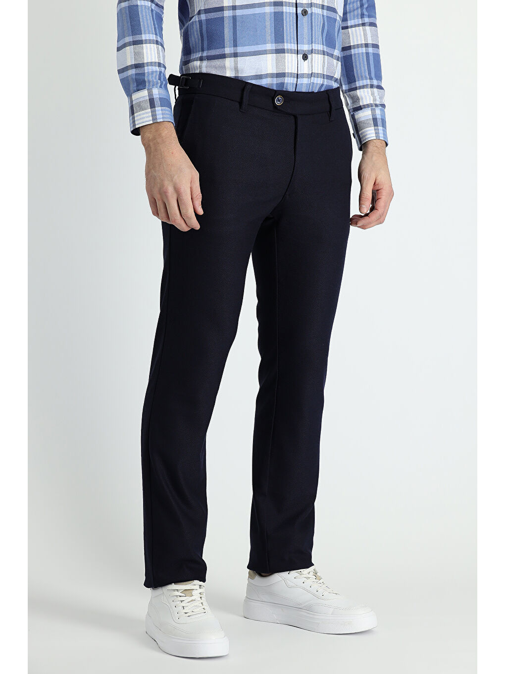 Lacivert Slim Fit Dar Kesim Elastanlı Kuşgözü Tokalı Klasik Kumaş Pantolon-1