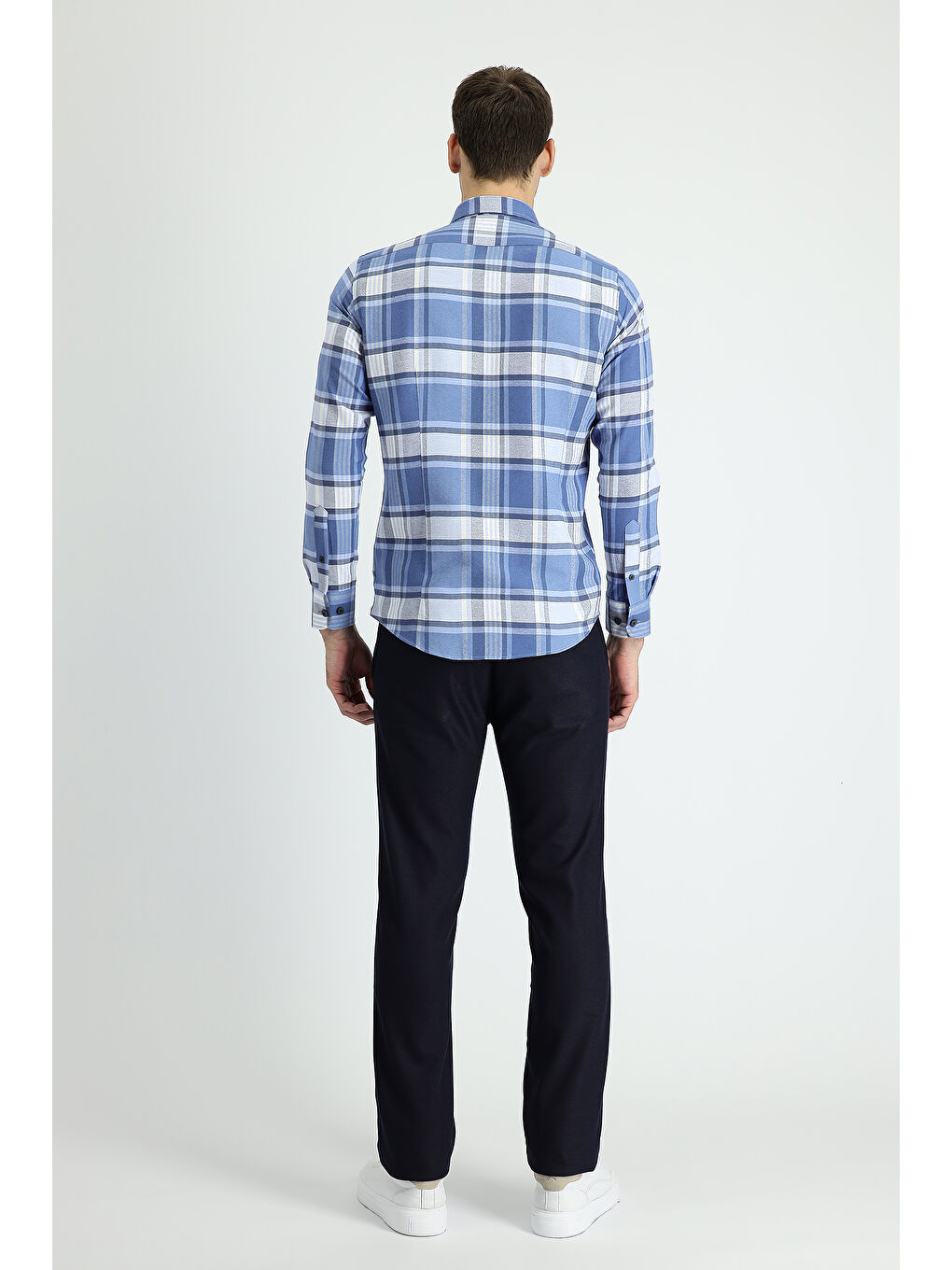 Lacivert Slim Fit Dar Kesim Elastanlı Kuşgözü Tokalı Klasik Kumaş Pantolon-2