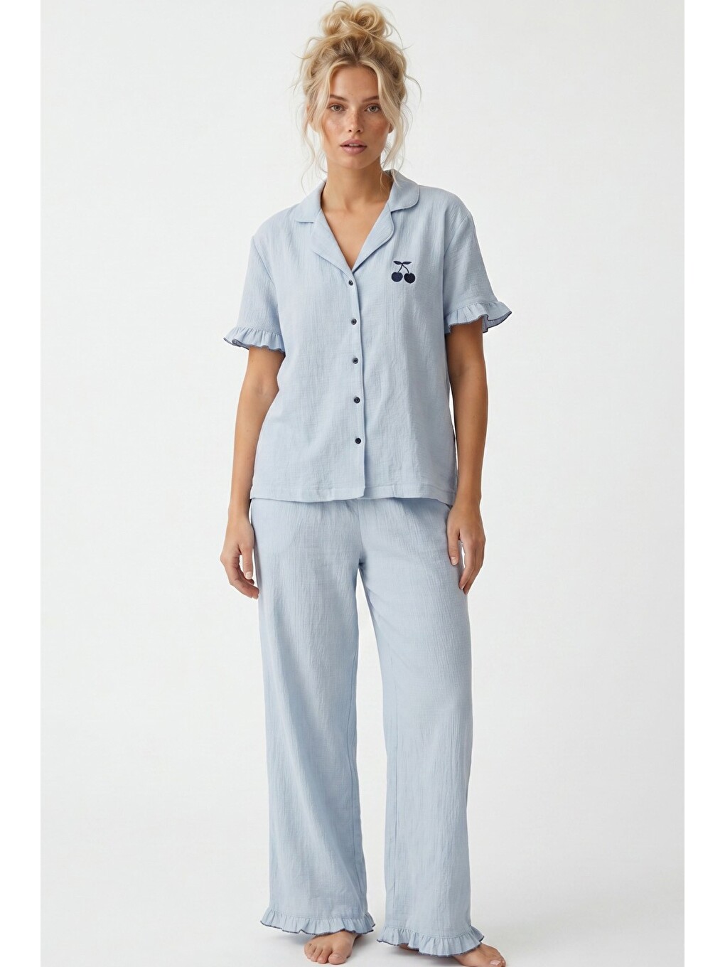 Mavi Nakışlı Bürümcük-krınkıl Kısa Kollu Düğmeli Pijama Takım 8057-1