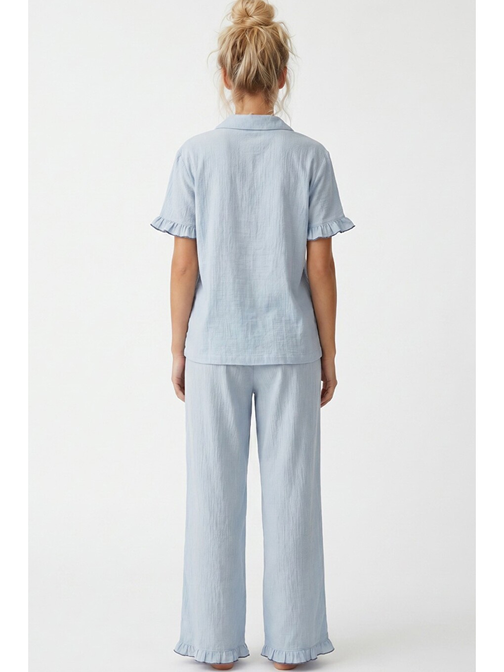 Mavi Nakışlı Bürümcük-krınkıl Kısa Kollu Düğmeli Pijama Takım 8057-2