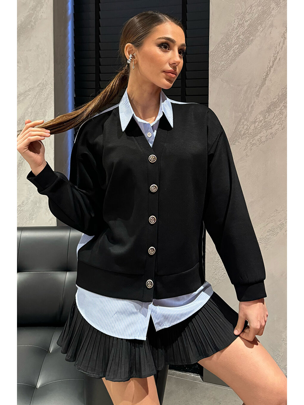 Siyah Kadın Hırka Kombinli Gömlek