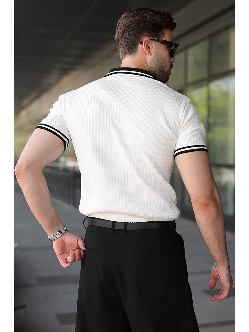 Beyaz Yarım Fermuarlı Polo Yaka Triko Erkek Tişört E7501-3