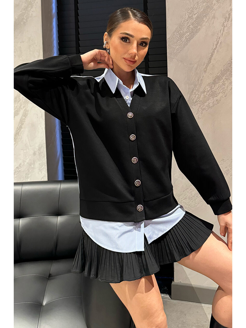 Siyah Kadın Hırka Kombinli Gömlek-1