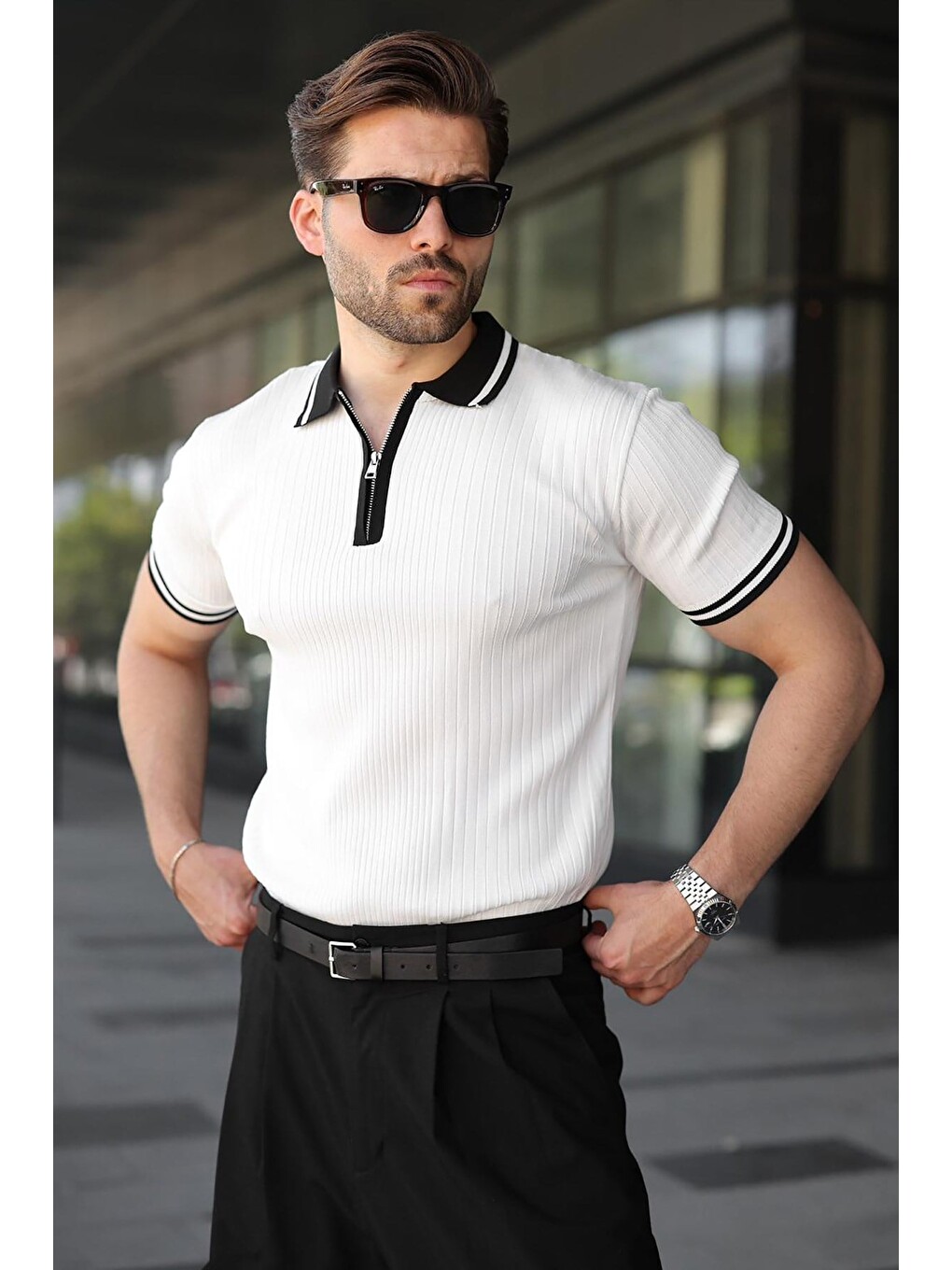 Beyaz Yarım Fermuarlı Polo Yaka Triko Erkek Tişört E7501-5