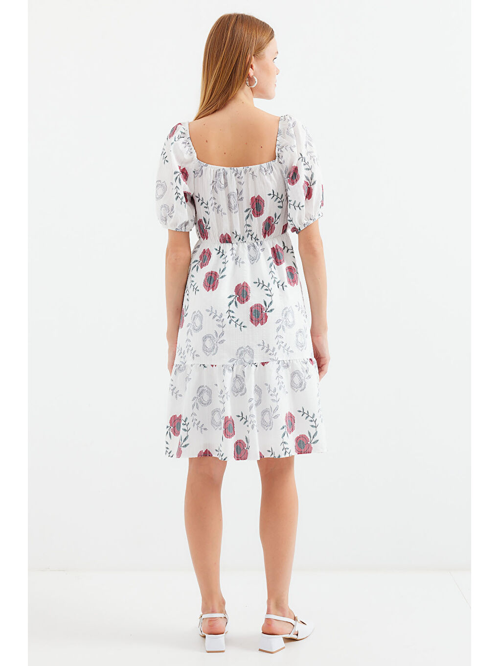 2508 Desenli Mini Kloş Elbise - Ekru-4